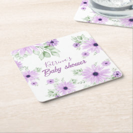 紫パーソナライズされた色の花赤ちゃんシャワー スクエアペーパーコースター