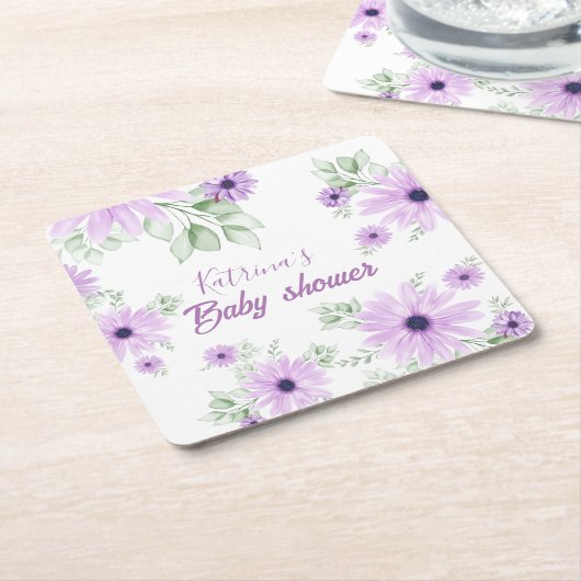 紫パーソナライズされた色の花赤ちゃんシャワー スクエアペーパーコースター (アングル)