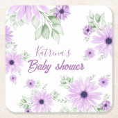 紫パーソナライズされた色の花赤ちゃんシャワー スクエアペーパーコースター (正面)