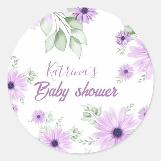 紫パーソナライズされた色の花赤ちゃんシャワー ラウンドシール (正面)