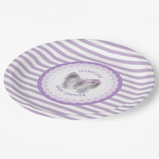 紫パーソナライズされた蝶の赤ちゃんシャワープレート ペーパープレート (アングル)
