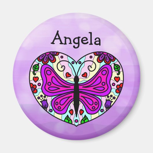 紫パーソナライズされた蝶ハート曼荼羅 マグネット (正面)