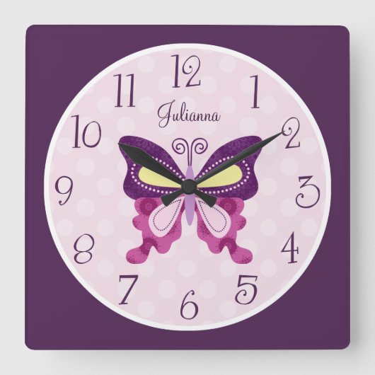 紫パーソナライズされた蝶子供部屋時計 スクエア壁時計 (正面)