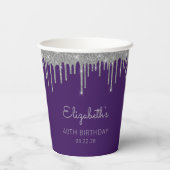 紫パーソナライズされた銀40歳の誕生日パーティー 紙コップ (裏面)