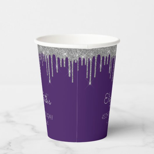 紫パーソナライズされた銀40歳の誕生日パーティー 紙コップ (右)
