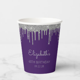 紫パーソナライズされた銀40歳の誕生日パーティー 紙コップ