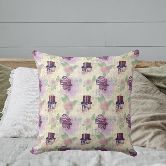 紫ビクトリアンステームパンク帽子の羽のスカル クッション