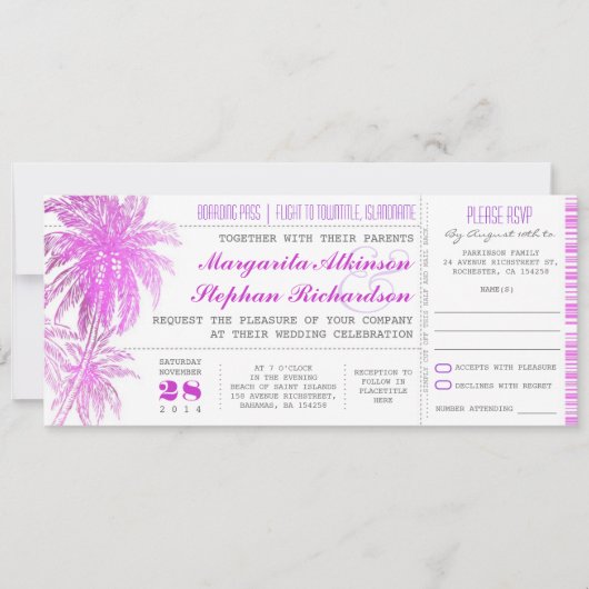 紫ビーチ結婚式チケット-搭乗券 招待状 (正面)