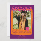 紫ピンクとオレンジの写真卒業パーティー 招待状 (正面)