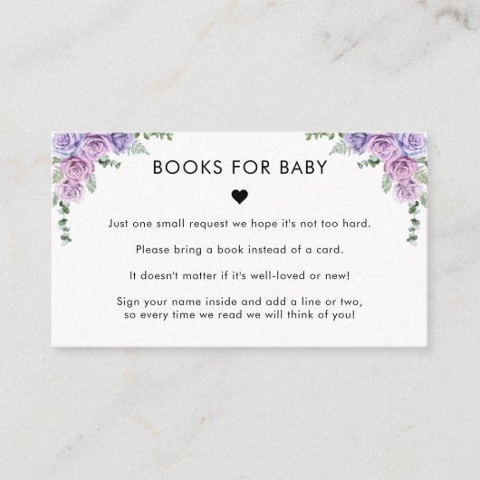 紫ピンクのバラのフローラ本のための女の子の赤ちゃんシャワー エンクロージャーカード (正面)