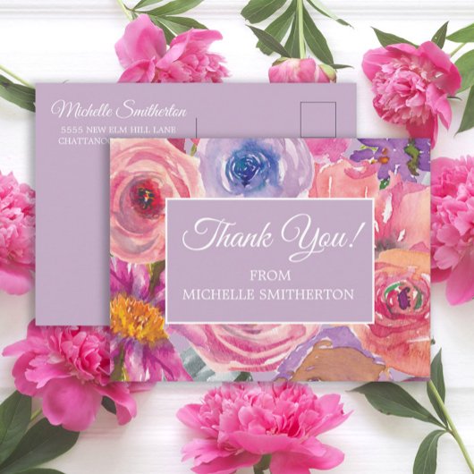 紫ピンクのワイルドフラワーありがとう ポストカード