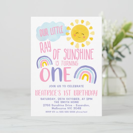 紫ピンクの小さな光の太陽の輝き1st誕生日 招待状 (スタンド正面)