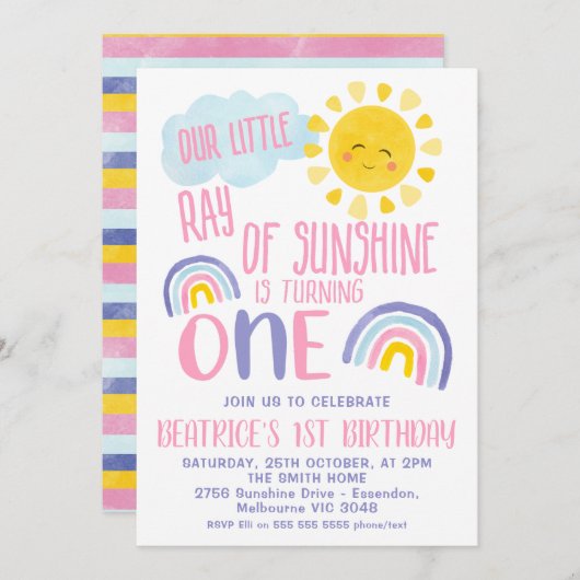 紫ピンクの小さな光の太陽の輝き1st誕生日 招待状 (正面/裏面)