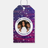 紫ピンクの木の素朴スノーフレークのクリスマスフォト ギフトタグ (正面)