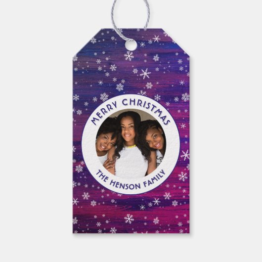 紫ピンクの木の素朴スノーフレークのクリスマスフォト ギフトタグ (正面)