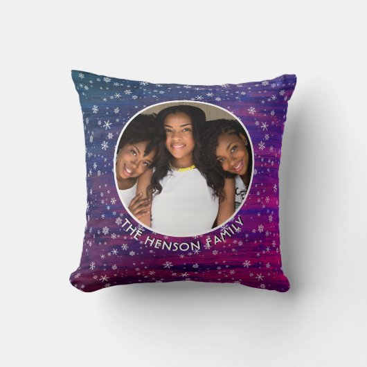 紫ピンクの木の素朴スノーフレークのクリスマスフォト クッション (正面)