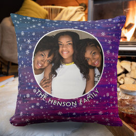 紫ピンクの木の素朴スノーフレークのクリスマスフォト クッション