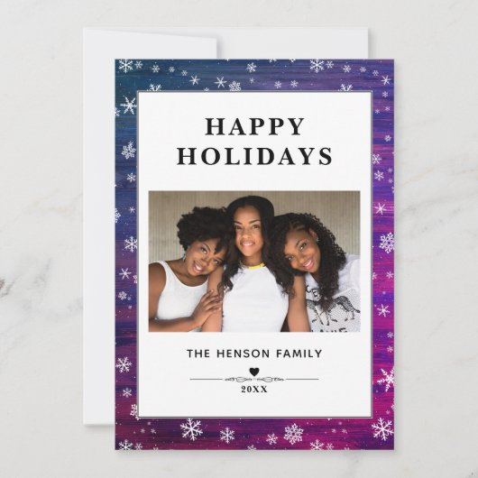 紫ピンクの木の素朴スノーフレークのクリスマスフォト シーズンカード (正面)