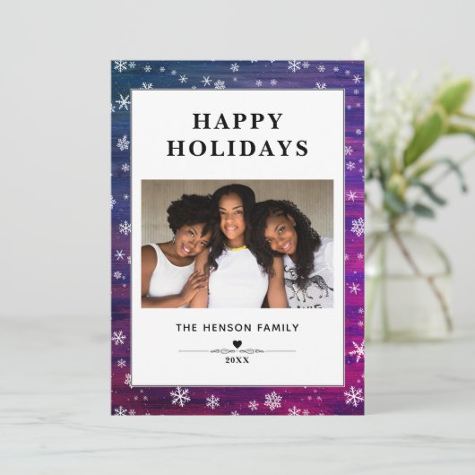 紫ピンクの木の素朴スノーフレークのクリスマスフォト シーズンカード (スタンド正面)