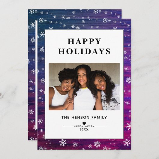 紫ピンクの木の素朴スノーフレークのクリスマスフォト シーズンカード (正面/裏面)