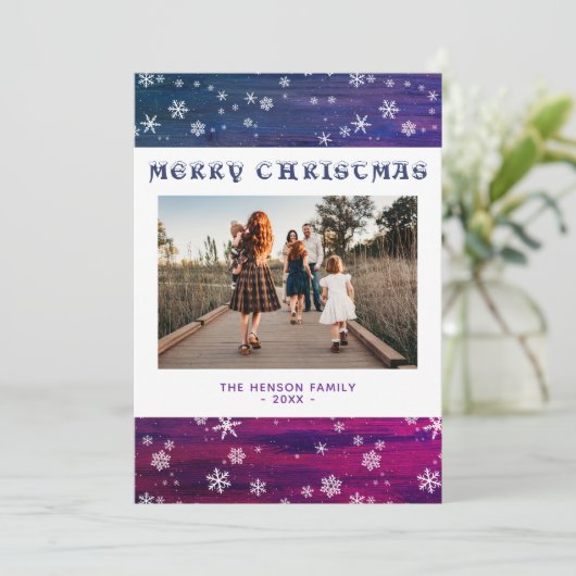 紫ピンクの木の素朴スノーフレークのクリスマスフォト シーズンカード (スタンド正面)