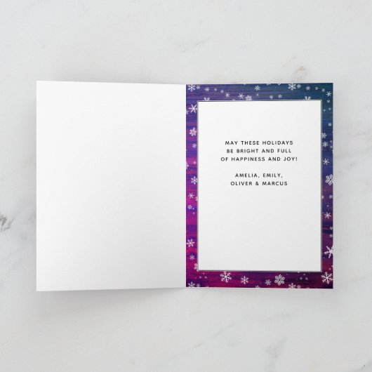 紫ピンクの木の素朴スノーフレークのクリスマスフォト シーズンカード (内部)