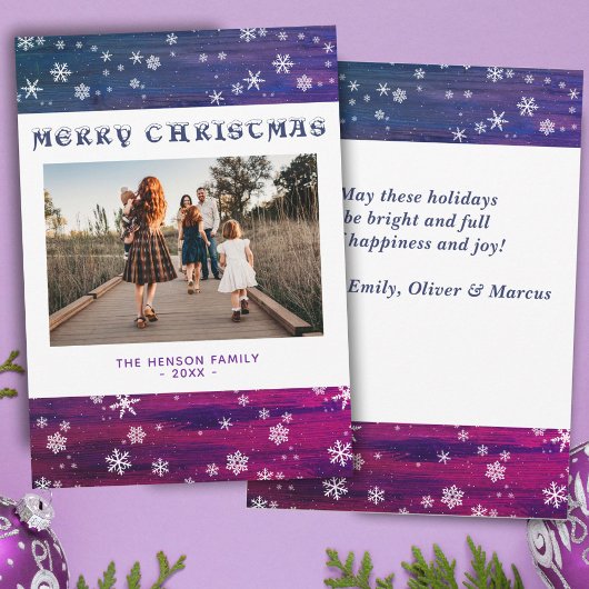 紫ピンクの木の素朴スノーフレークのクリスマスフォト シーズンカード