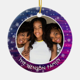 紫ピンクの木の素朴スノーフレークのクリスマスフォト セラミックオーナメント