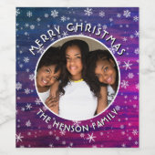 紫ピンクの木の素朴スノーフレークのクリスマスフォト ワインラベル (シングルラベル)