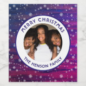 紫ピンクの木の素朴スノーフレークのクリスマスフォト ワインラベル (シングルラベル)