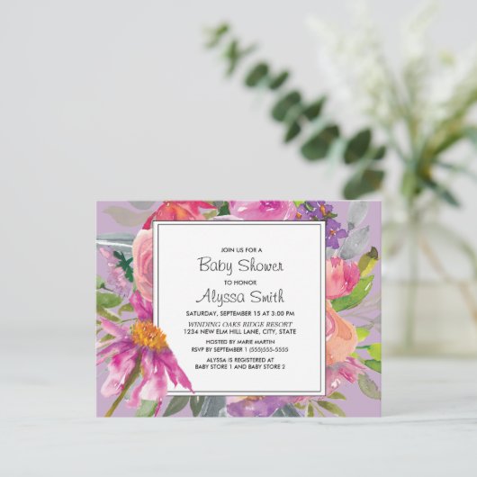 紫ピンクの水色のフローラ赤ちゃんシャワー ポストカード (スタンド正面)