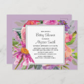 紫ピンクの水色のフローラ赤ちゃんシャワー ポストカード (正面/裏面)