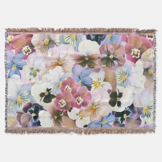 紫ピンクの白いパンジー ヴィンテージ 水彩画 スローブランケット (正面)