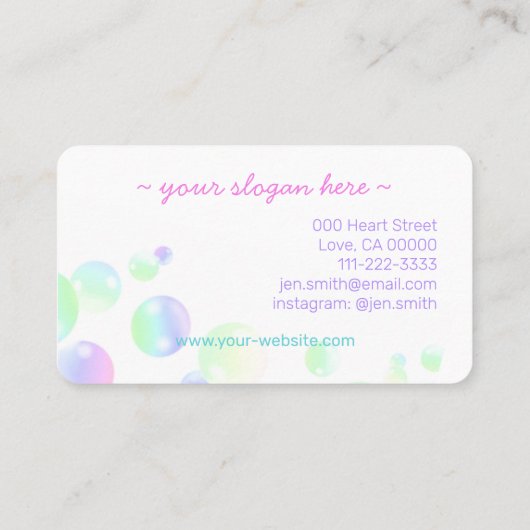 紫ピンクの虹の石鹸の泡がかわいいカラフル 名刺 (裏面)