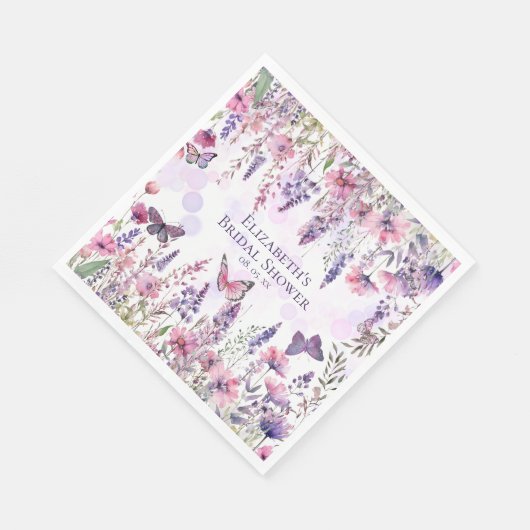 紫ピンクの蝶とワイルドフラワーのフローラ スタンダードランチョンナプキン (角)