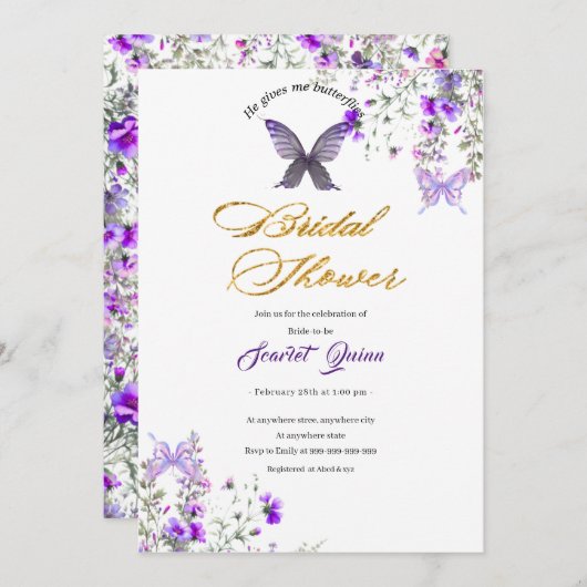紫ピンクの野生フローラ水カラーブライダルシャワー 招待状 (正面/裏面)