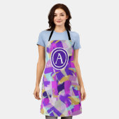 紫ピンクイエローブルーモダン抽象芸術モノグラム エプロン (着用した状態)