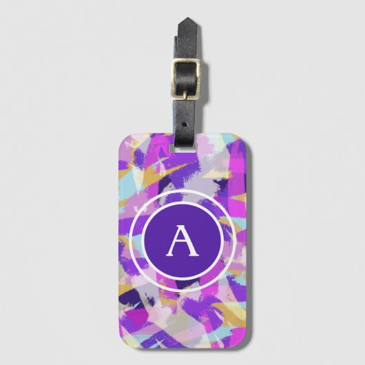 紫ピンクイエローブルーモダン抽象芸術モノグラム ラゲッジタグ (正面縦)