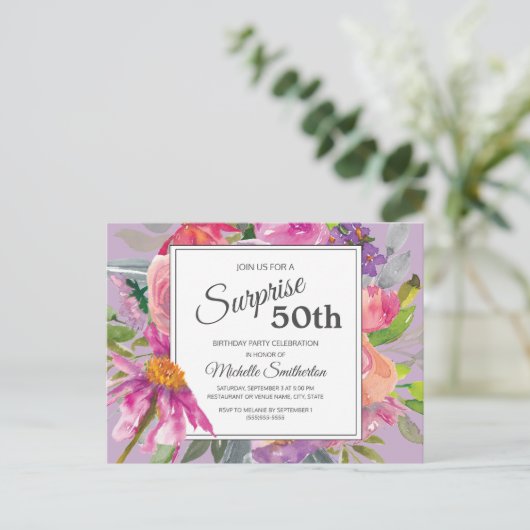 紫ピンクウォーターカラーフローラ50誕生日 ポストカード (スタンド正面)