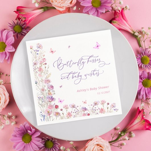 紫ピンクバタフライキスガールベビーシャワー スタンダードカクテルナプキン