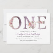 紫ピンクフローラ水彩第1誕生日パーティー 招待状 (正面)