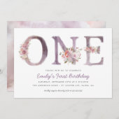 紫ピンクフローラ水彩第1誕生日パーティー 招待状 (正面/裏面)