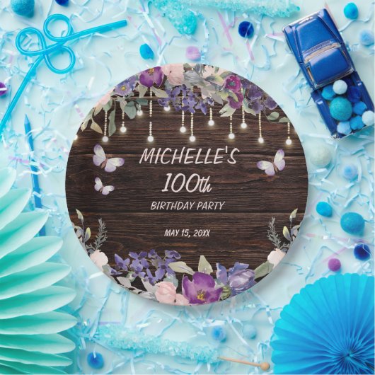 紫ピンクフローラ蝶素朴蝶100誕生日 ペーパープレート (パーティー)