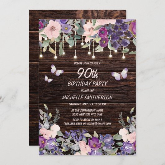 紫ピンクフローラ蝶素朴蝶90誕生日 招待状 (正面/裏面)