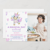 紫ピンクユニコーン誕生日招待状w photo 招待状 (正面/裏面)