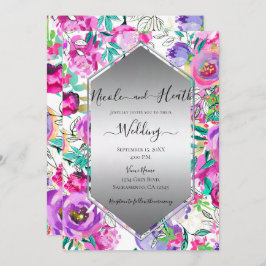 紫ピンク明るいフローラの水の色結婚の 招待状