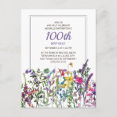 紫ピンク水彩野花100誕生日 ポストカード (正面)