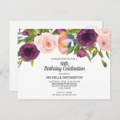 紫ピンク水色フローラホワイト50誕生日 ポストカード (正面/裏面)