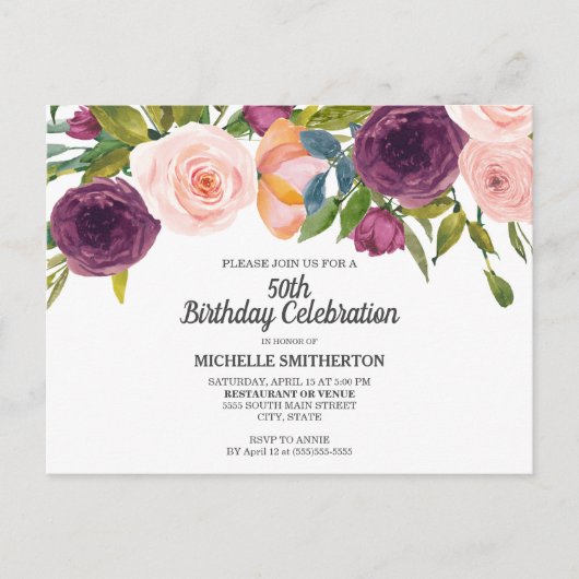 紫ピンク水色フローラホワイト50誕生日 ポストカード (正面)