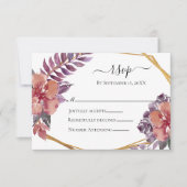 紫ピンク赤フローラ水彩金ゴールド 出欠カード (正面)